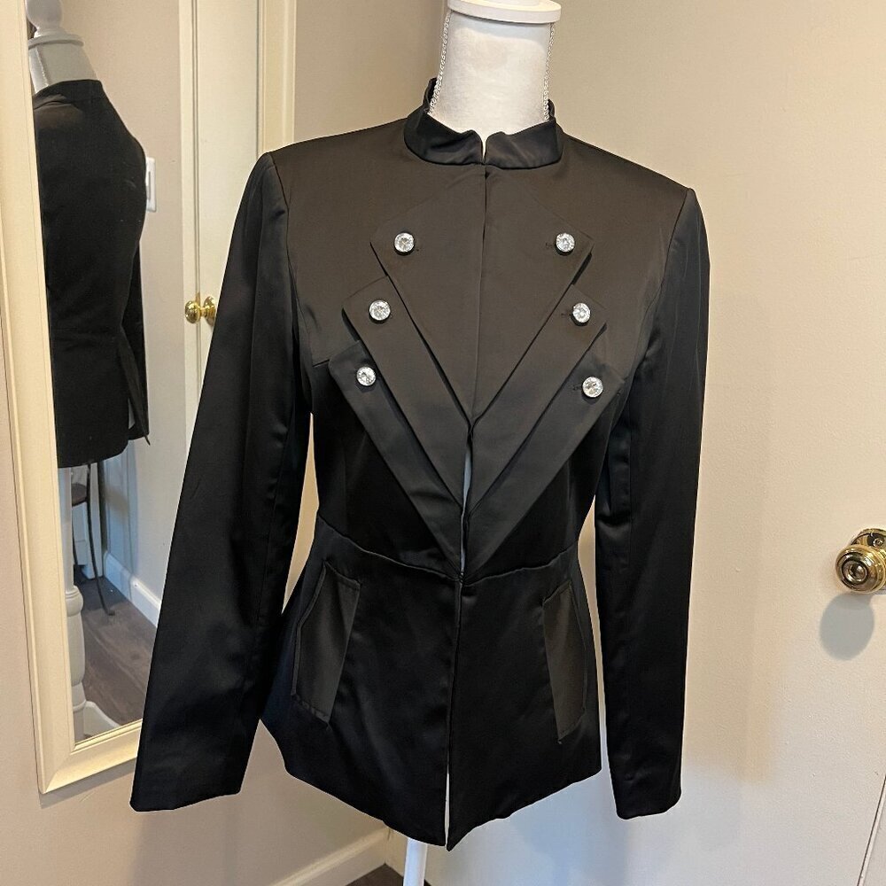 CC Couture Black Satin look Evening Jacket with Rhinestone buttons, Size Medium